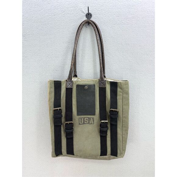 Mona B Womens Khaki Green Leather Upcycled Strapped Canvas USA Tote Bag - Picture 8 of 11